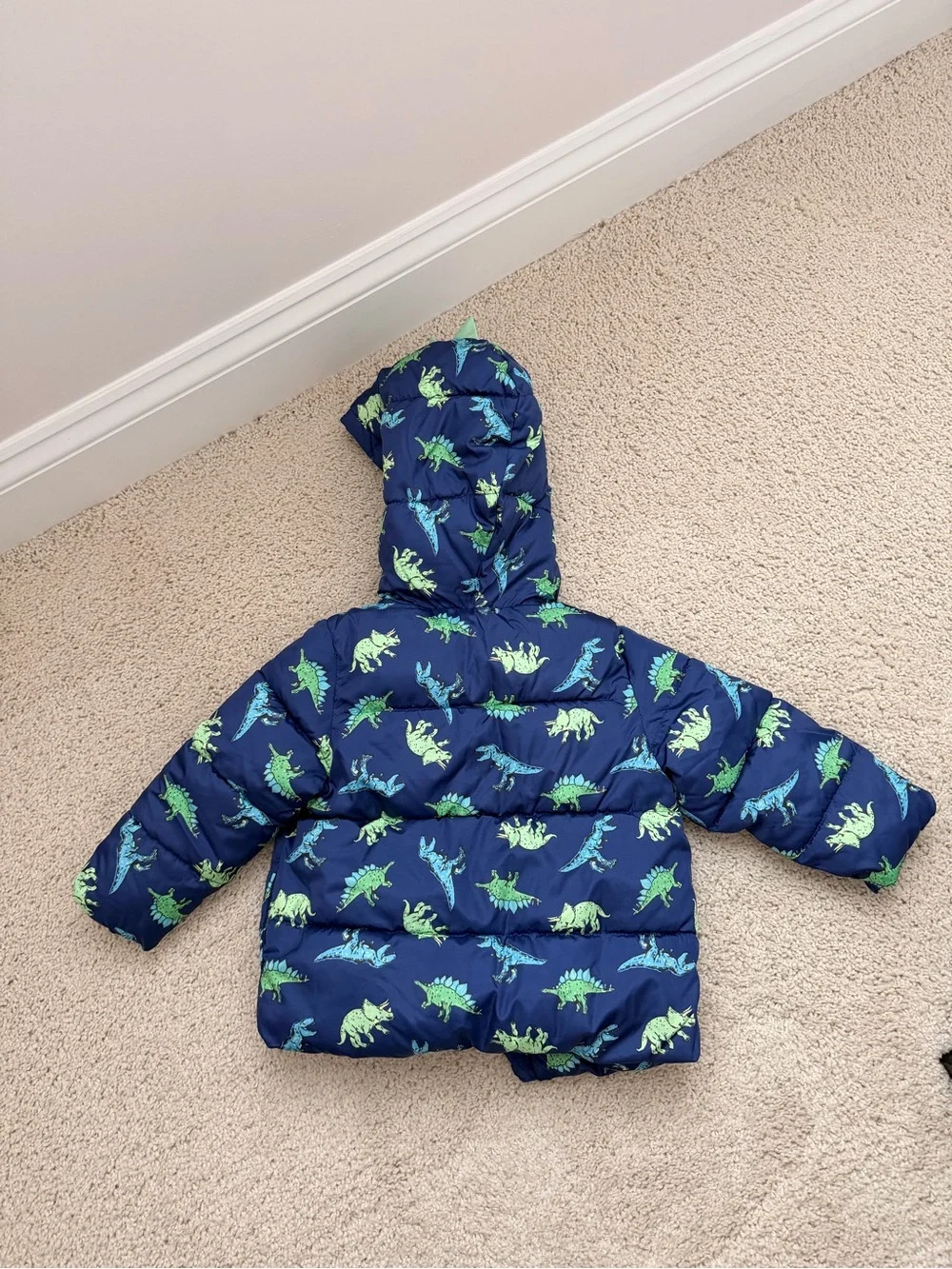 Old Navy Boys Navy Dinosaur Puffer Jacket with Green Accents